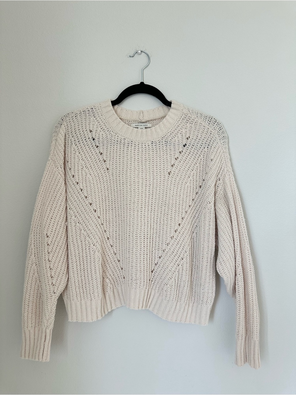 American Eagle Outfitters Cream Open-Knit Crewneck Sweater